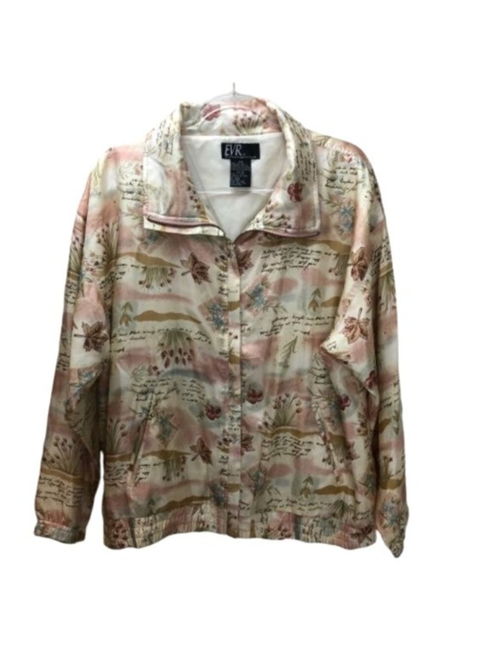 EVR Womens Large Silk Floral Script Zip Jacket Beige Cottage Boho